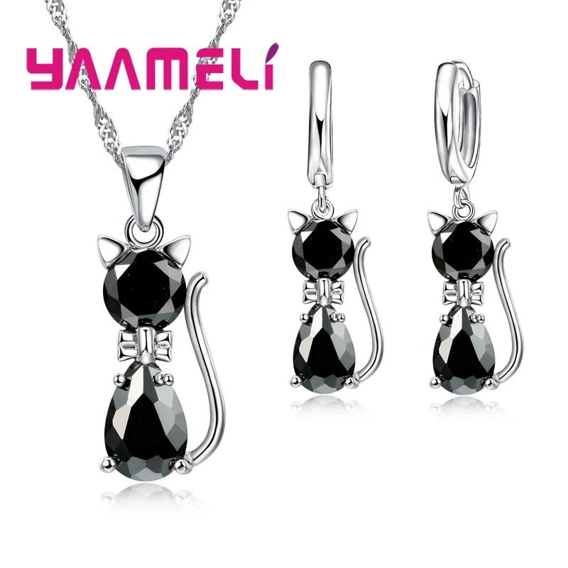 925 Sterling Silver Color Jewelry Sets Austrian Crystal Cute Cat Pendant Necklace Huggie Earring - Family Hub