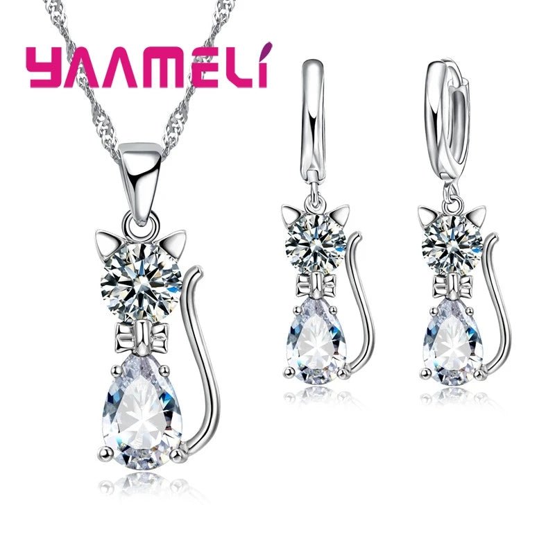 925 Sterling Silver Color Jewelry Sets Austrian Crystal Cute Cat Pendant Necklace Huggie Earring - Family Hub