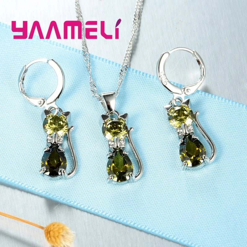 925 Sterling Silver Color Jewelry Sets Austrian Crystal Cute Cat Pendant Necklace Huggie Earring - Family Hub