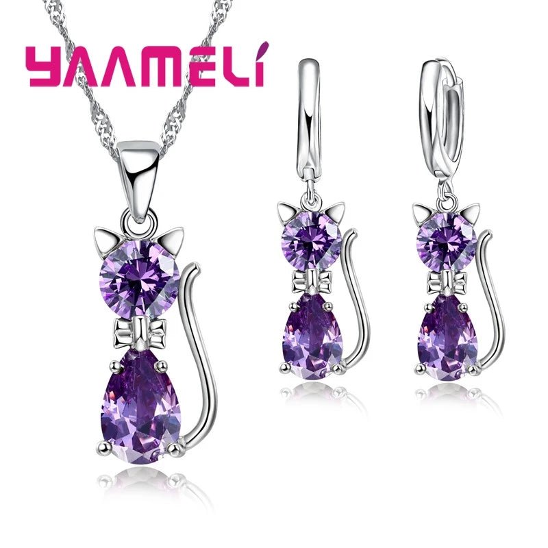 925 Sterling Silver Color Jewelry Sets Austrian Crystal Cute Cat Pendant Necklace Huggie Earring - Family Hub