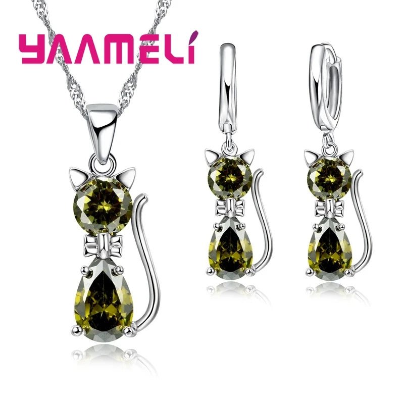 925 Sterling Silver Color Jewelry Sets Austrian Crystal Cute Cat Pendant Necklace Huggie Earring - Family Hub