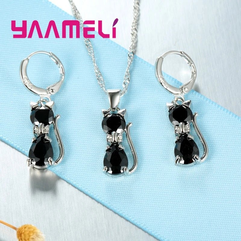 925 Sterling Silver Color Jewelry Sets Austrian Crystal Cute Cat Pendant Necklace Huggie Earring - Family Hub