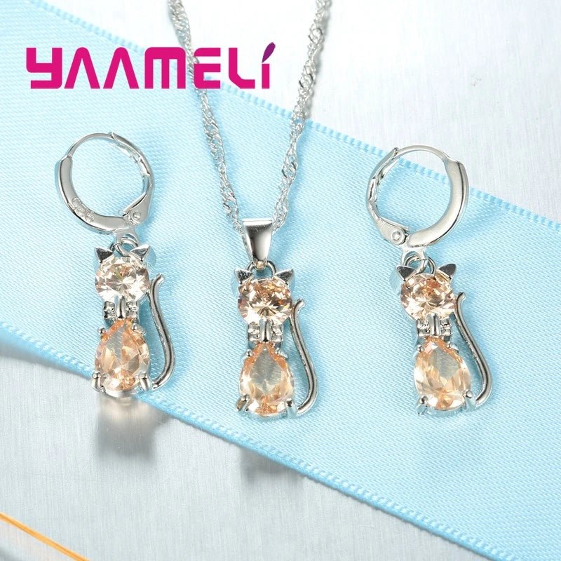 925 Sterling Silver Color Jewelry Sets Austrian Crystal Cute Cat Pendant Necklace Huggie Earring - Family Hub